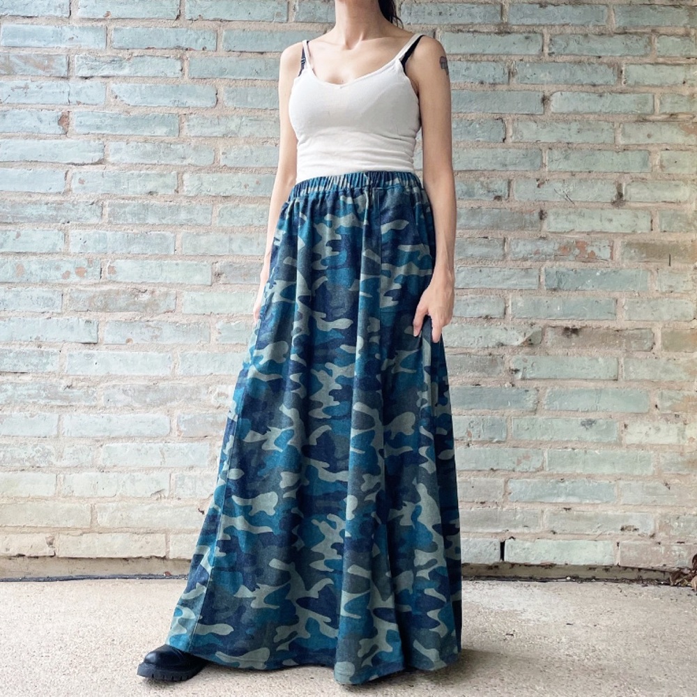 Fleece Maxi Skirt Camouflage Army Green Stretch Elastic Waist Full Floor Length